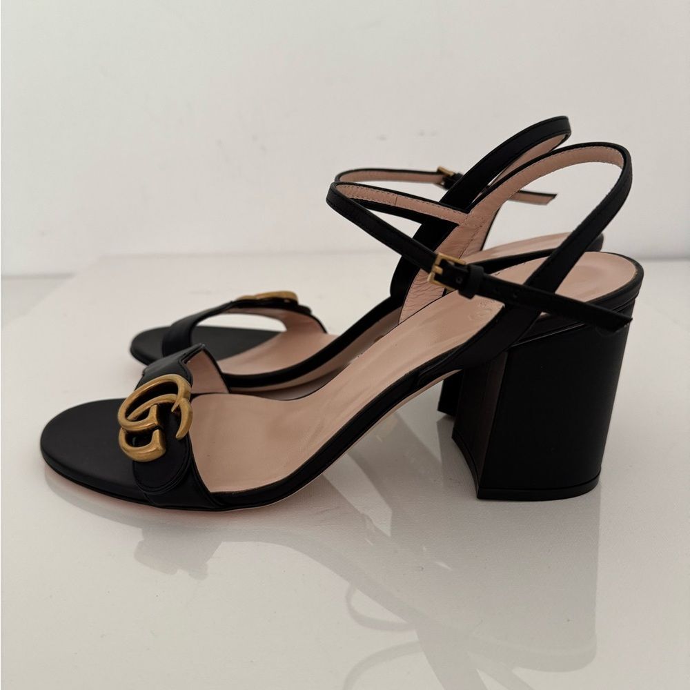 Gucci GG Marmont Black Leather Heel Sandals EU 40.5 US 10.5 Authentic - Picture 7 of 10